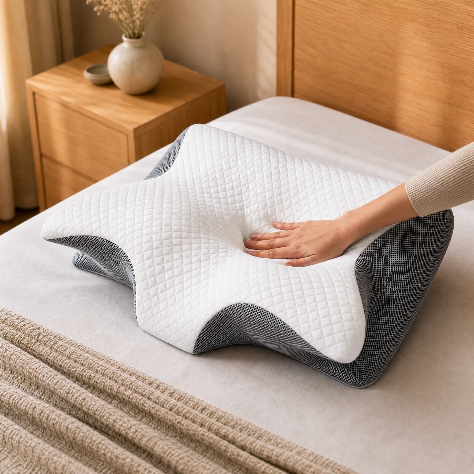 Main qui appuie sur Nuage : la mousse garde sa forme