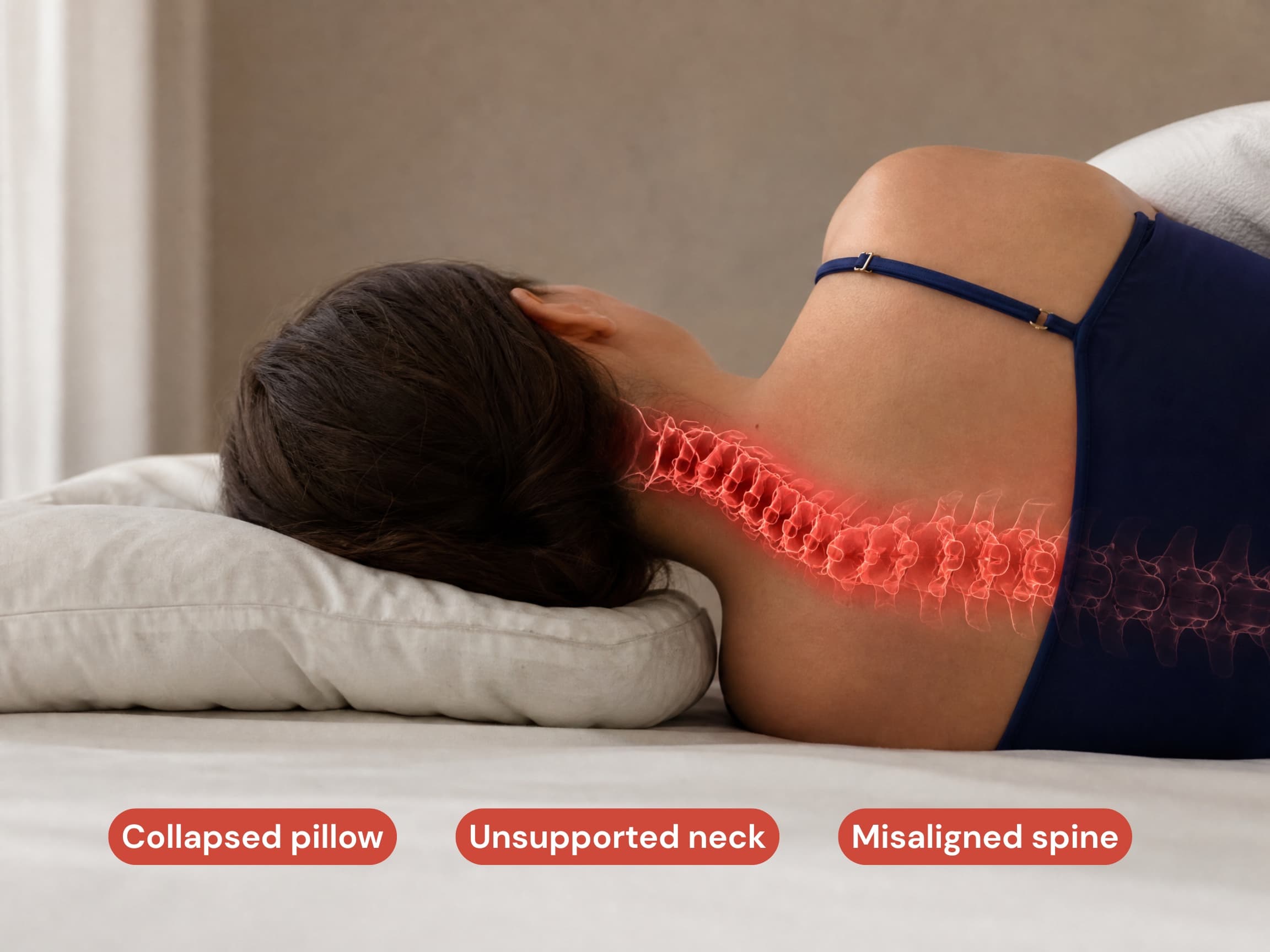 By the end of the night, the pillow has sagged. The head drops, the neck bends to compensate. Spine out of line.