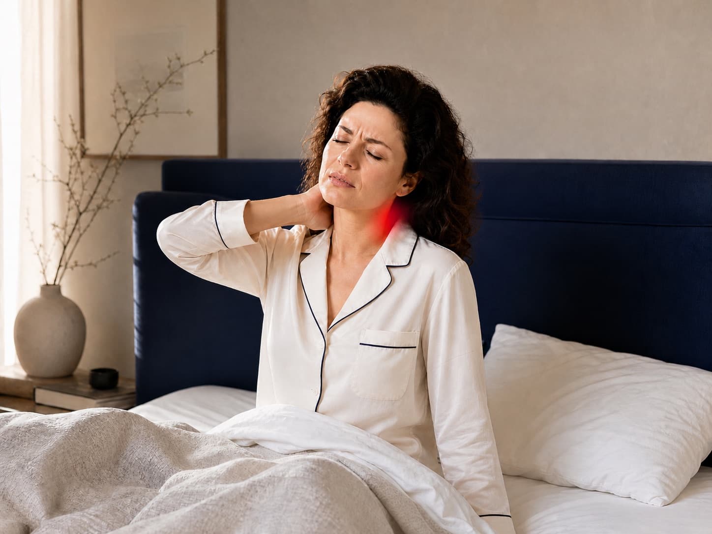Femme qui se réveille avec une douleur à la nuque